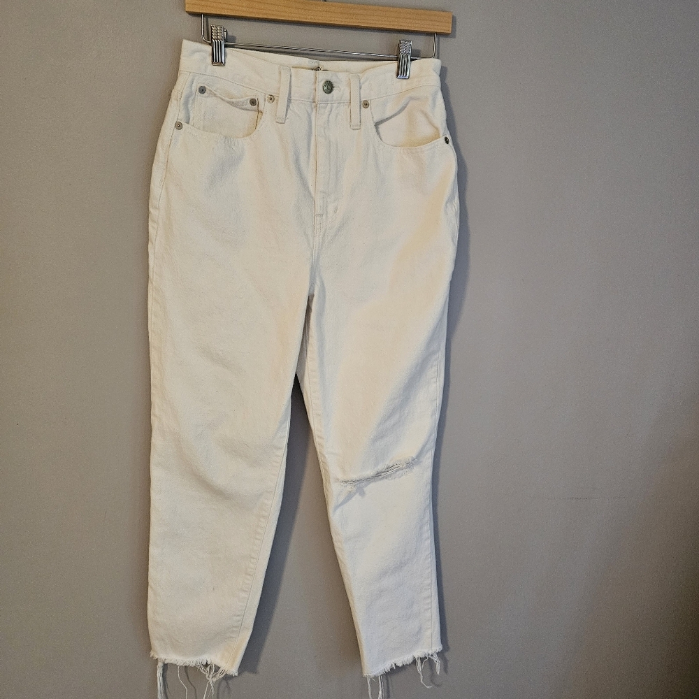 Madewell mom jean high rise cropped frayed hem busted knee, women's size…